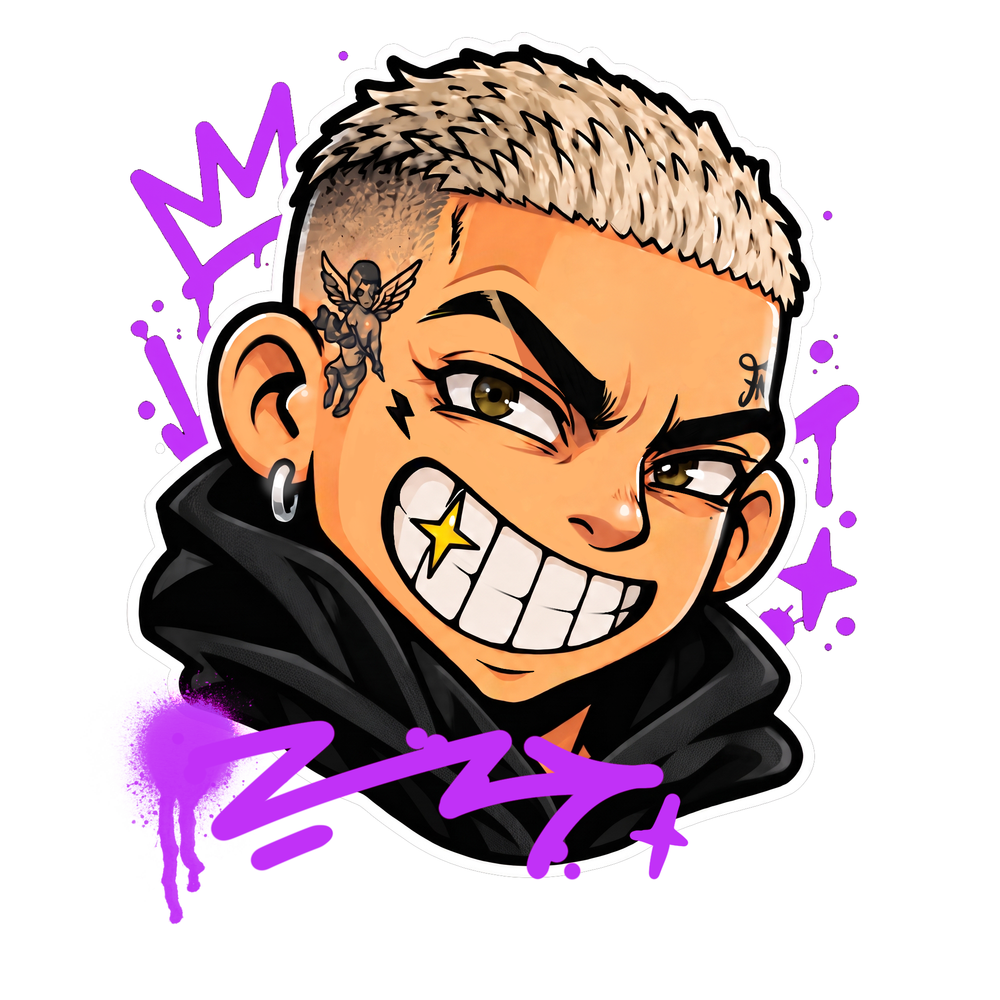 Illustrazione Drop Fade: barber con taglio sfumato e dettagli graffiti viola